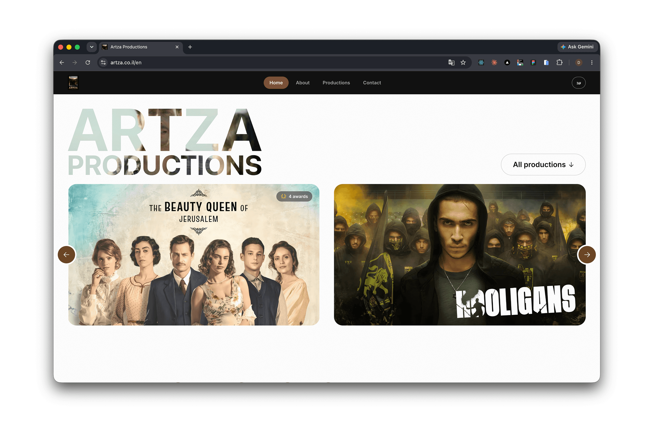 Artza Productions home page, the wordmark filled with key art above the production carousel