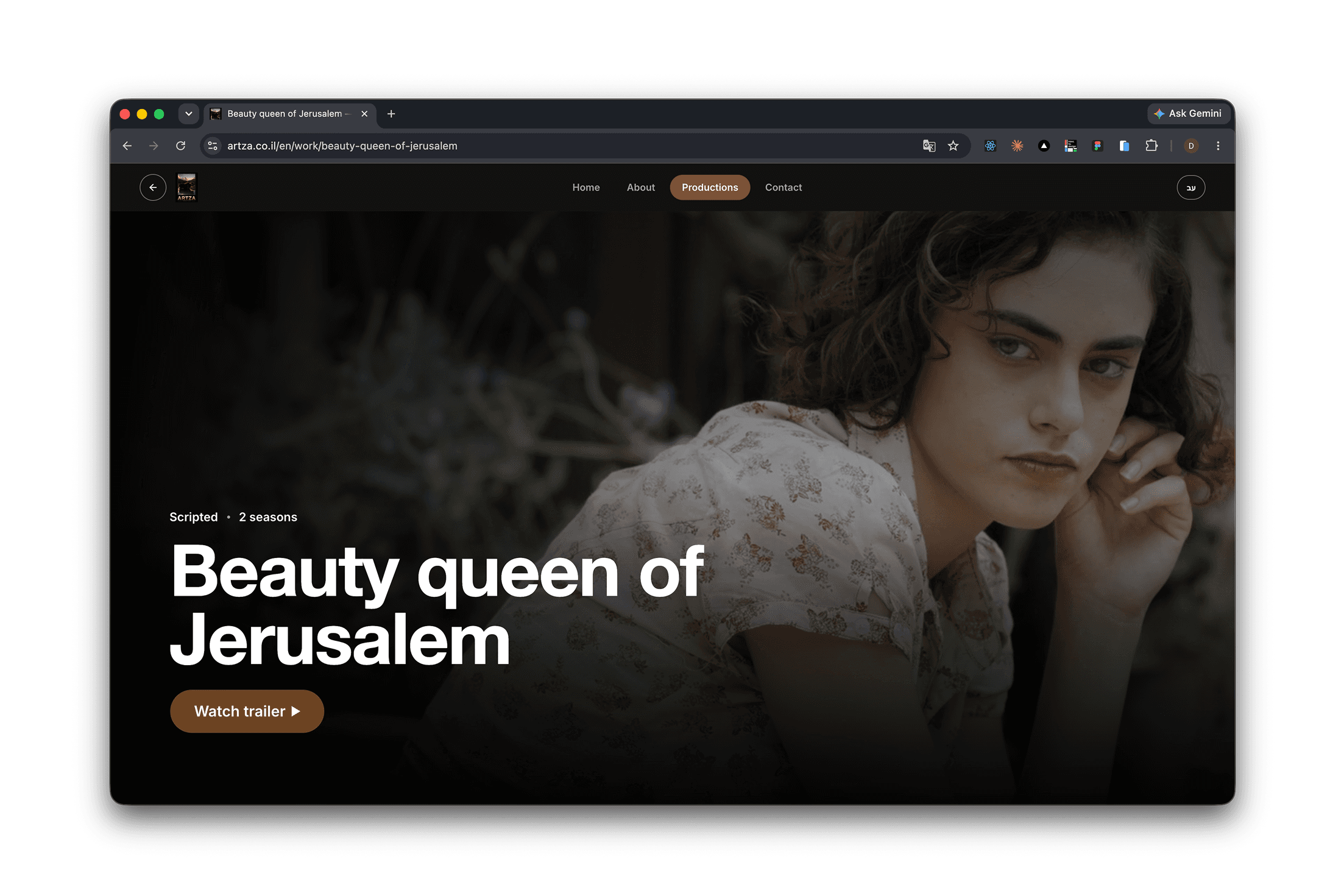 A production page, full-bleed still behind the title and a single brass call to action