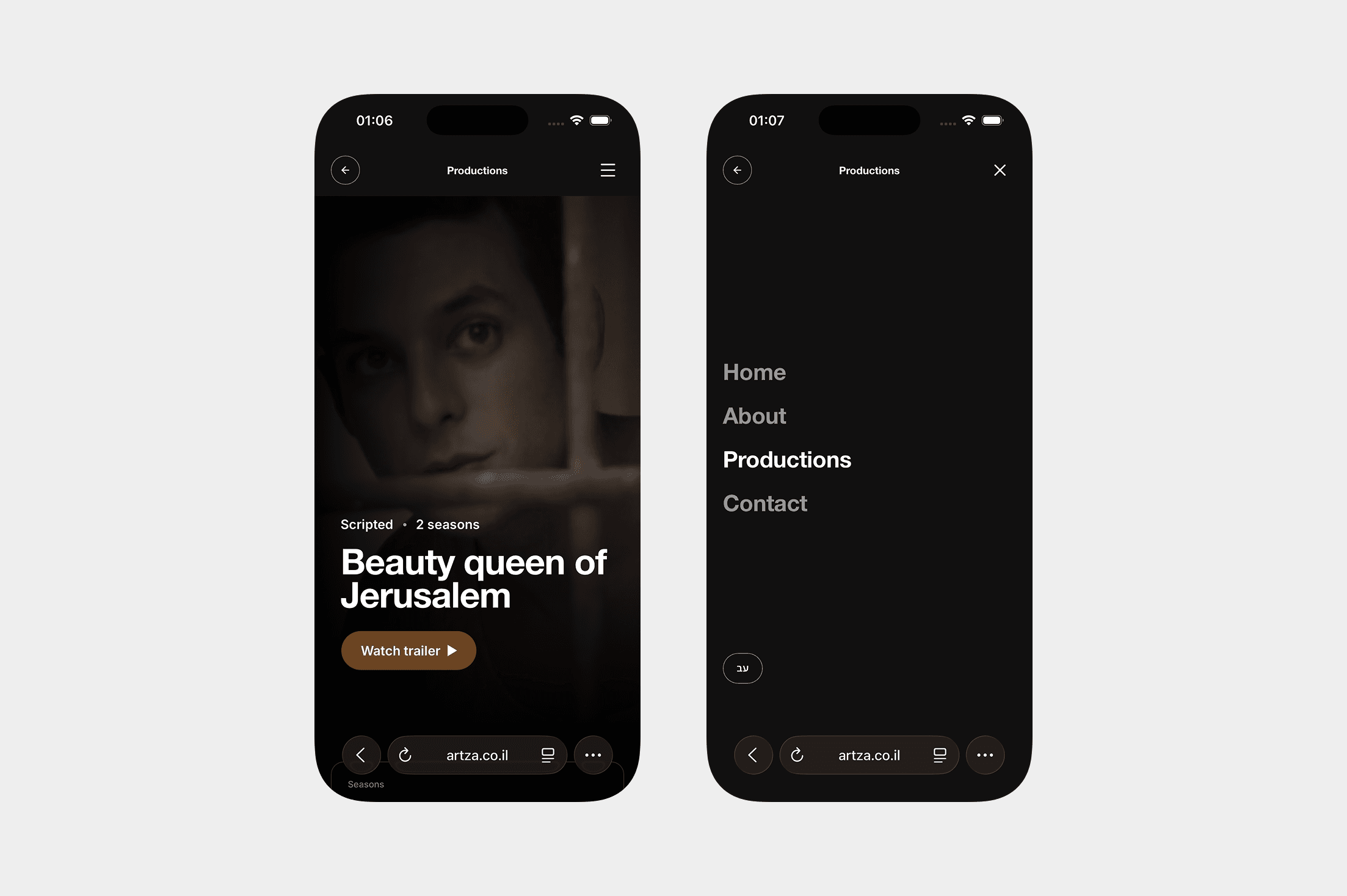Artza Productions on mobile, a production page and the navigation menu