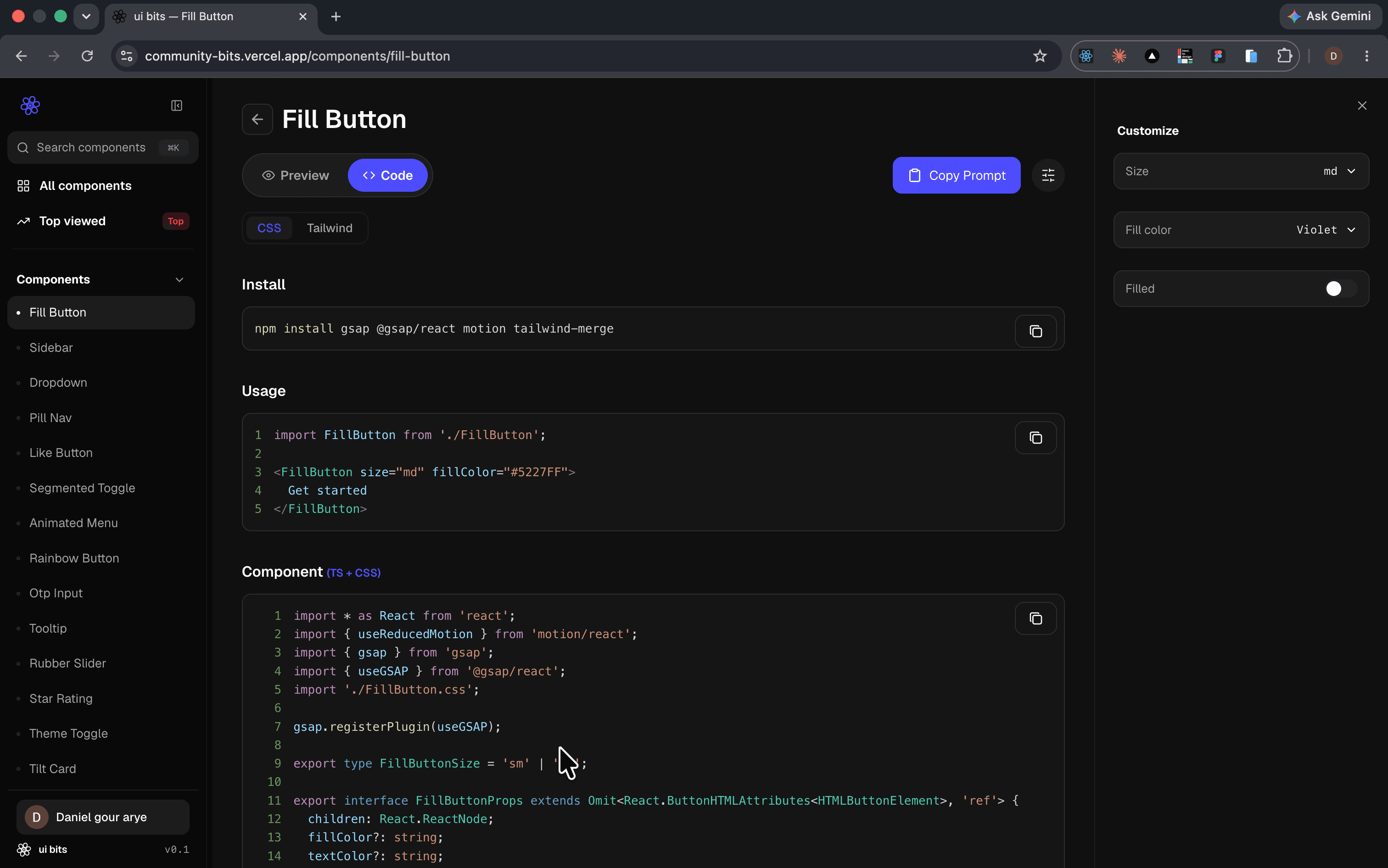 The code tab — a CSS and Tailwind toggle above stacked install, usage and full-source blocks, each with a copy button