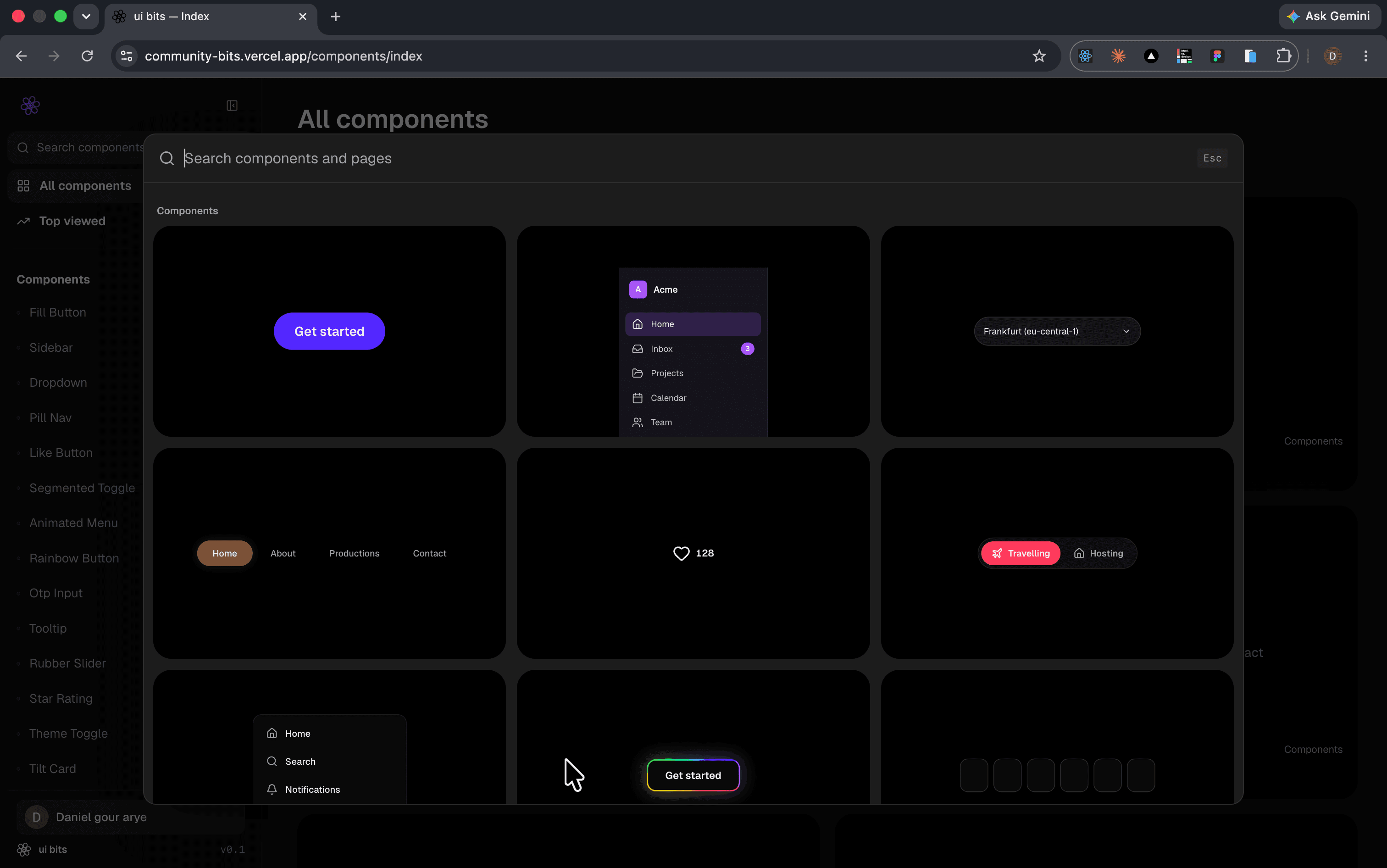 The ui bits search palette open over a dimmed component index, with a search field, an Esc chip, and a grid of live component results