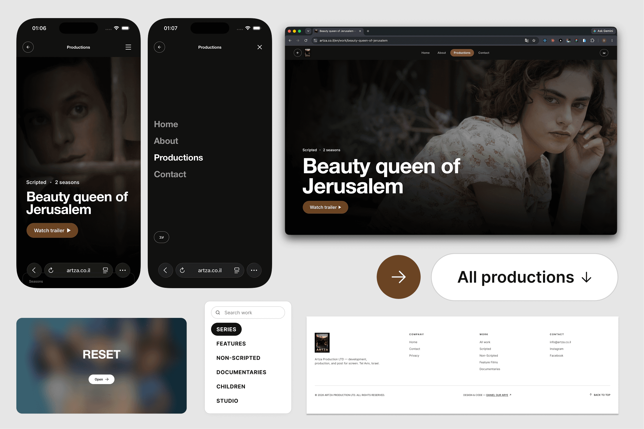 Artza Productions — the home page, a production page, and the mobile site in a layered composition