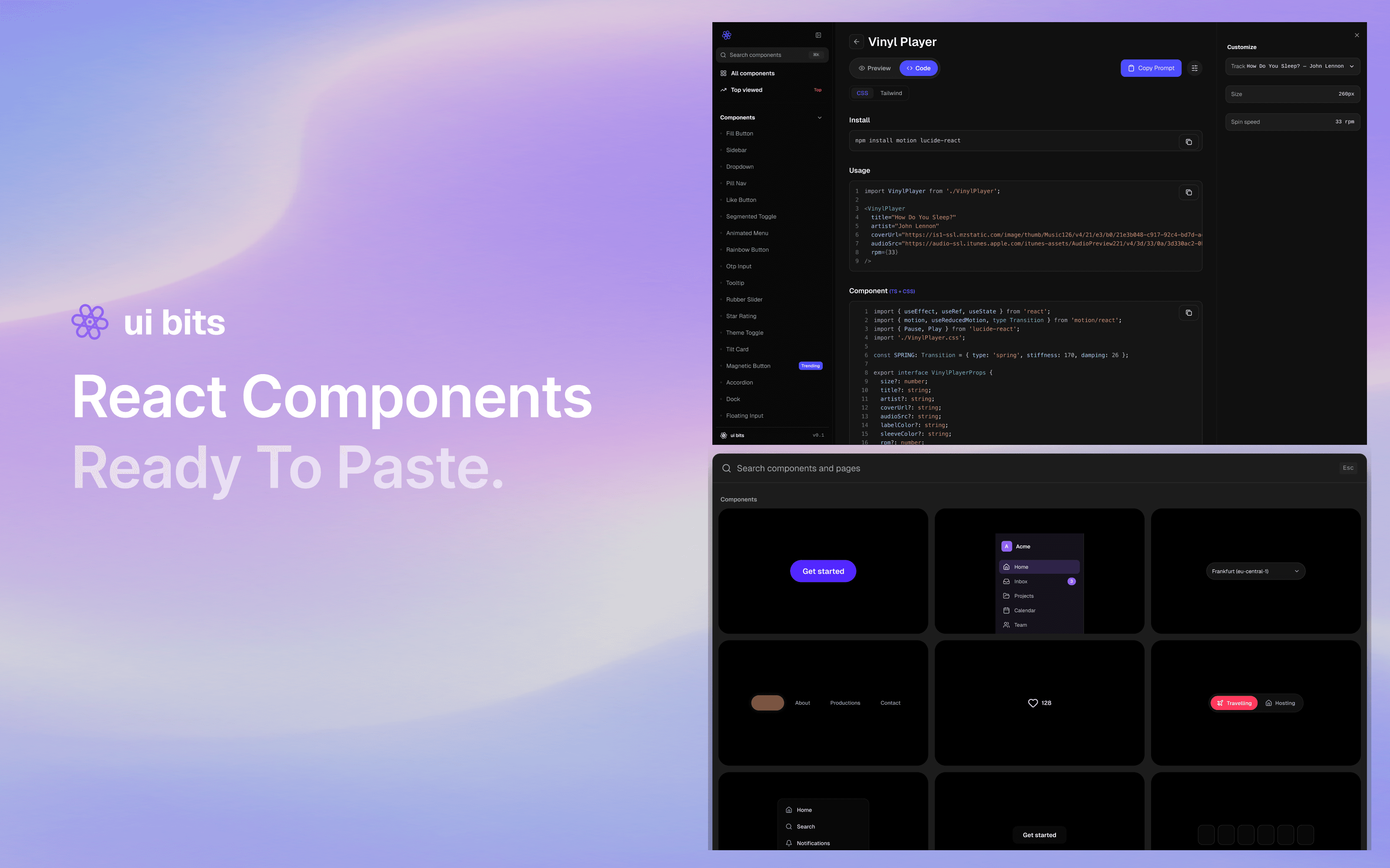 Components for the community — landing hero, component gallery, and the Aurora component in a layered composition