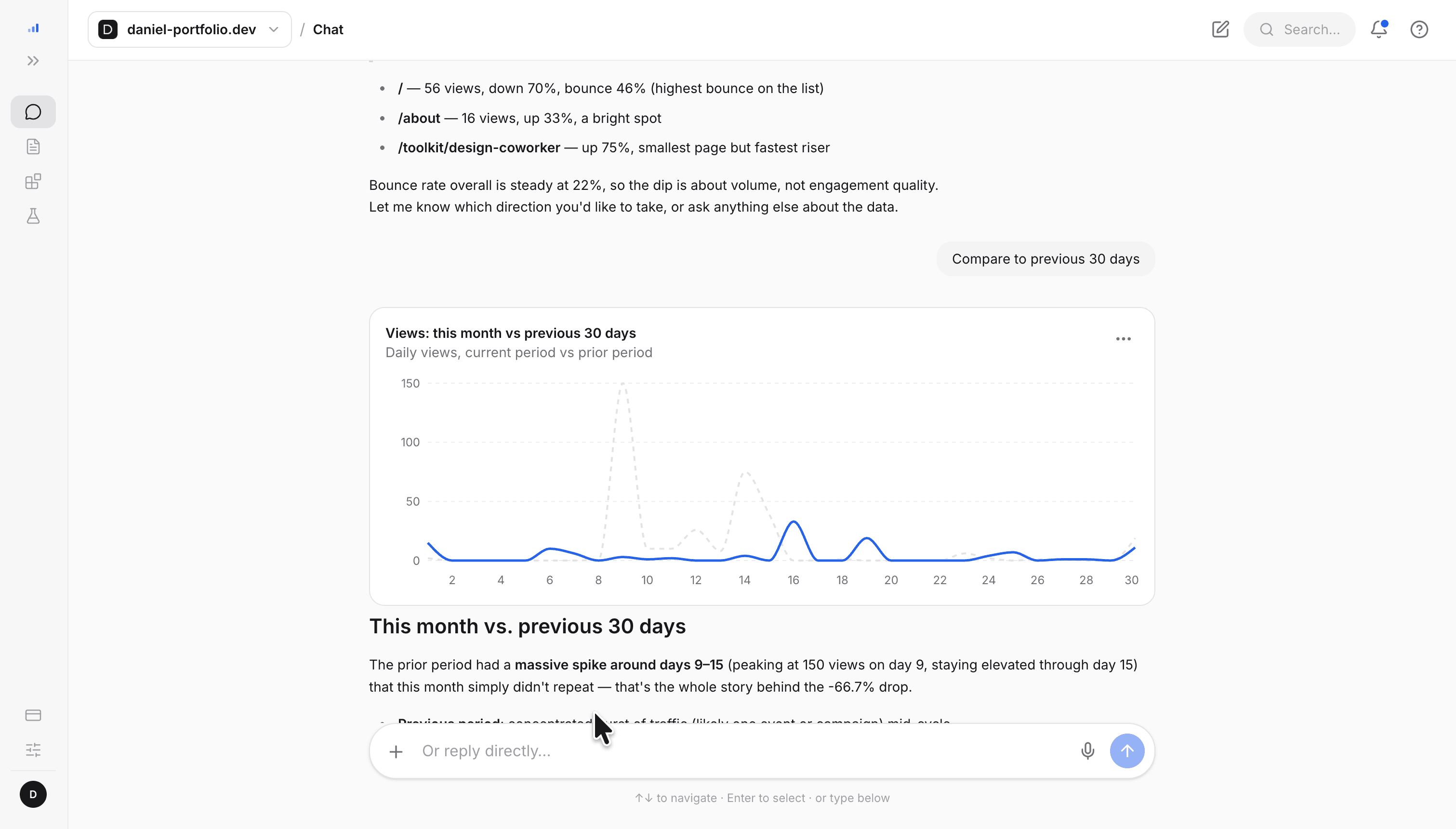 Glance UI — a flow screen of the AI chat answering an analytics question