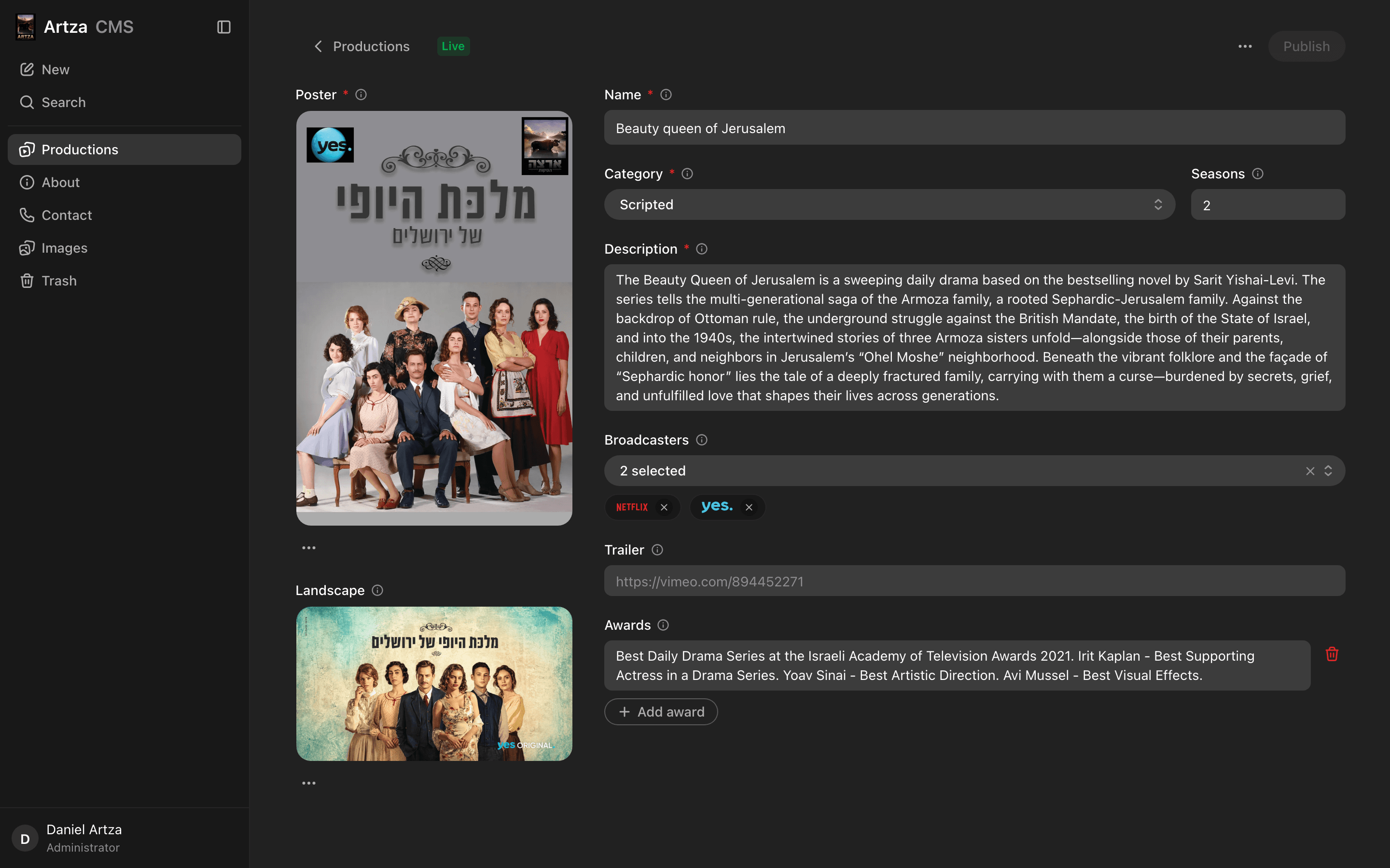 Artza CMS production editor with poster, synopsis and broadcaster selection