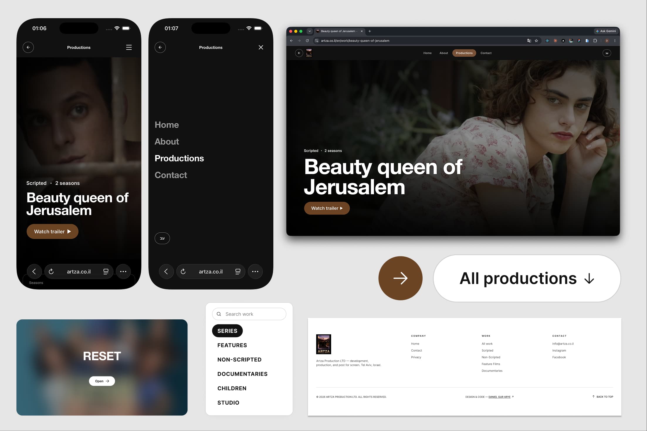 Artza Productions — the home page, a production page, and the mobile site in a layered composition