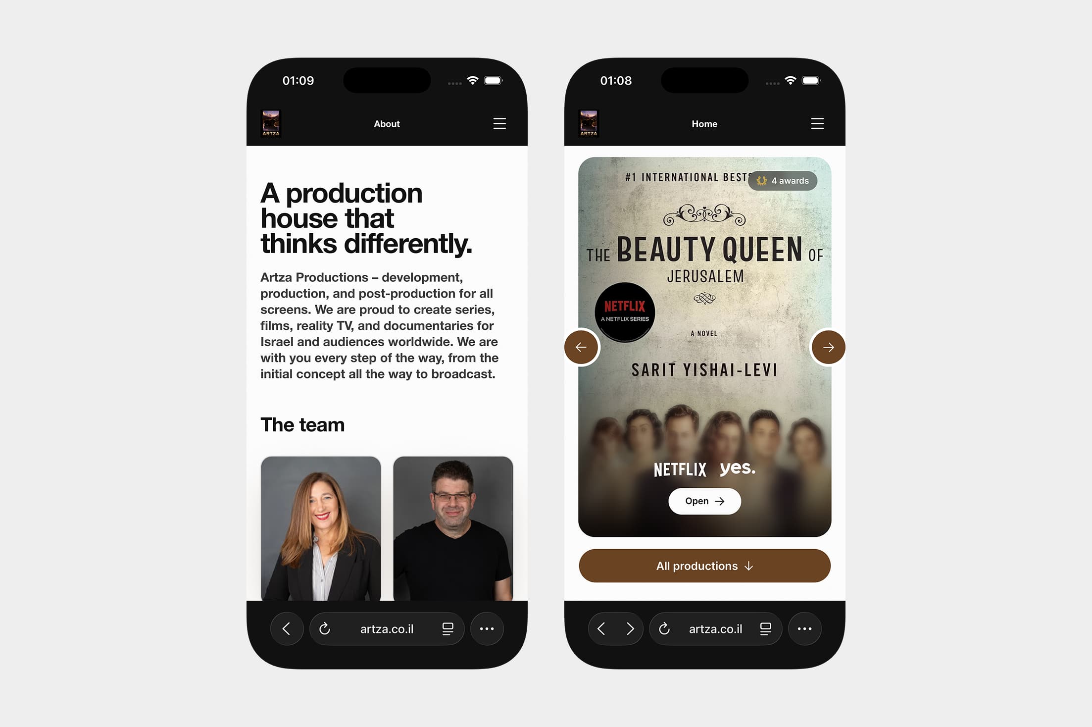 Artza Productions on mobile, the about page and the home screen