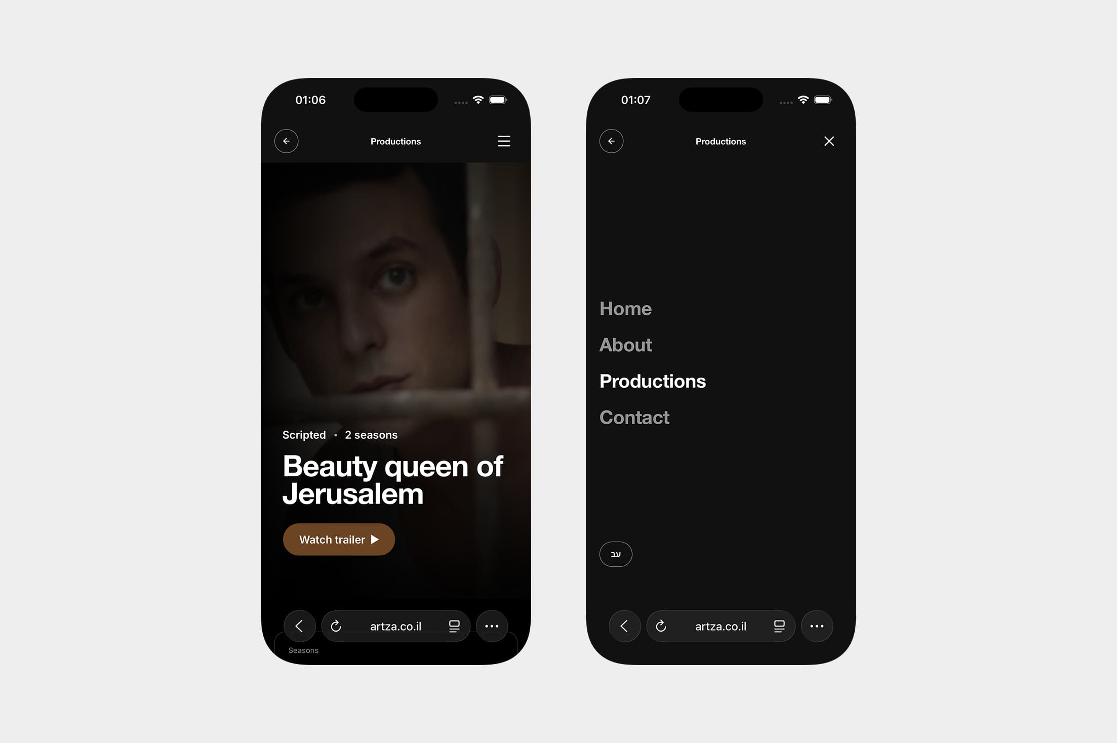 Artza Productions on mobile, a production page and the navigation menu