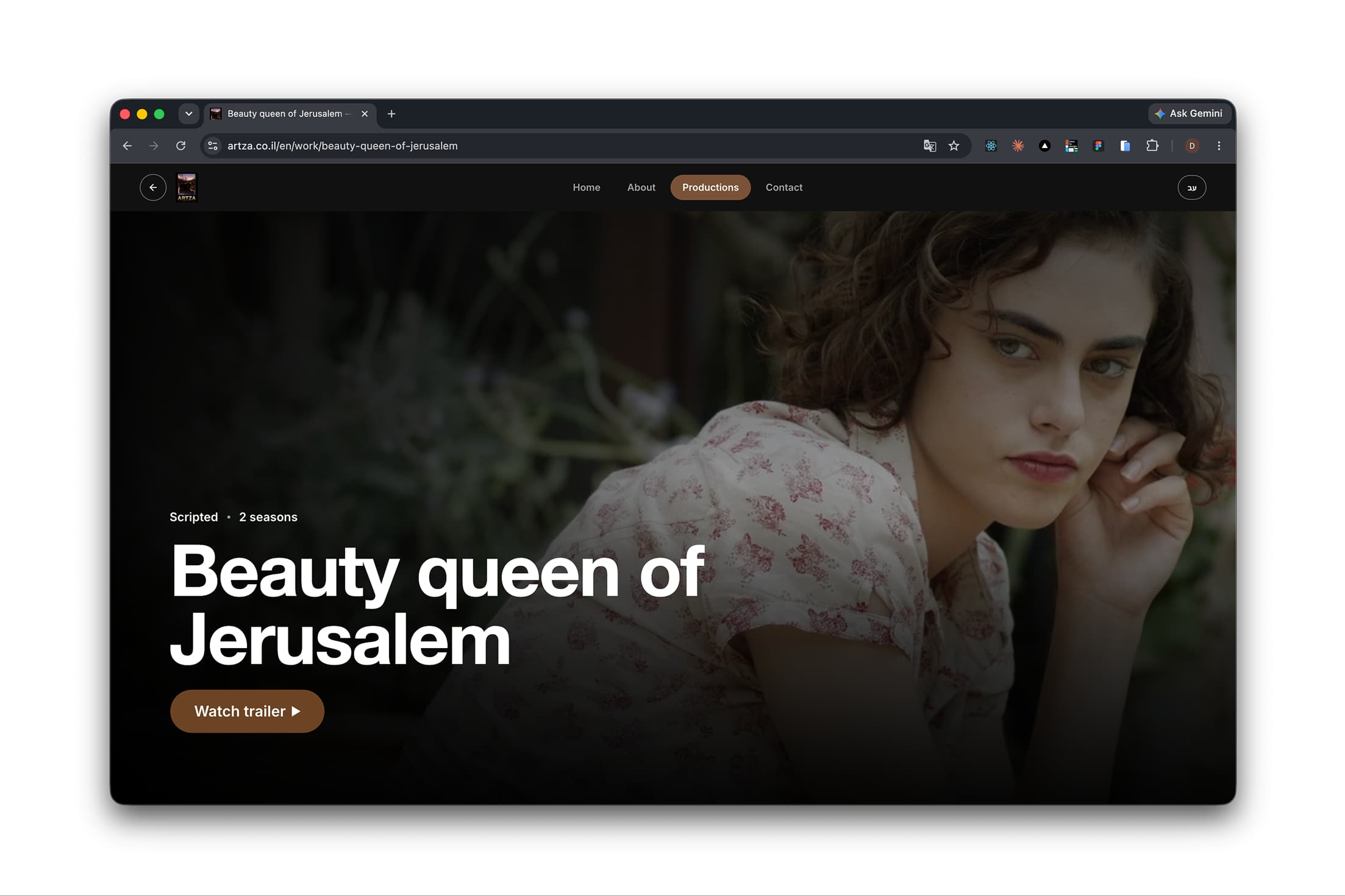 A production page, full-bleed still behind the title and a single brass call to action