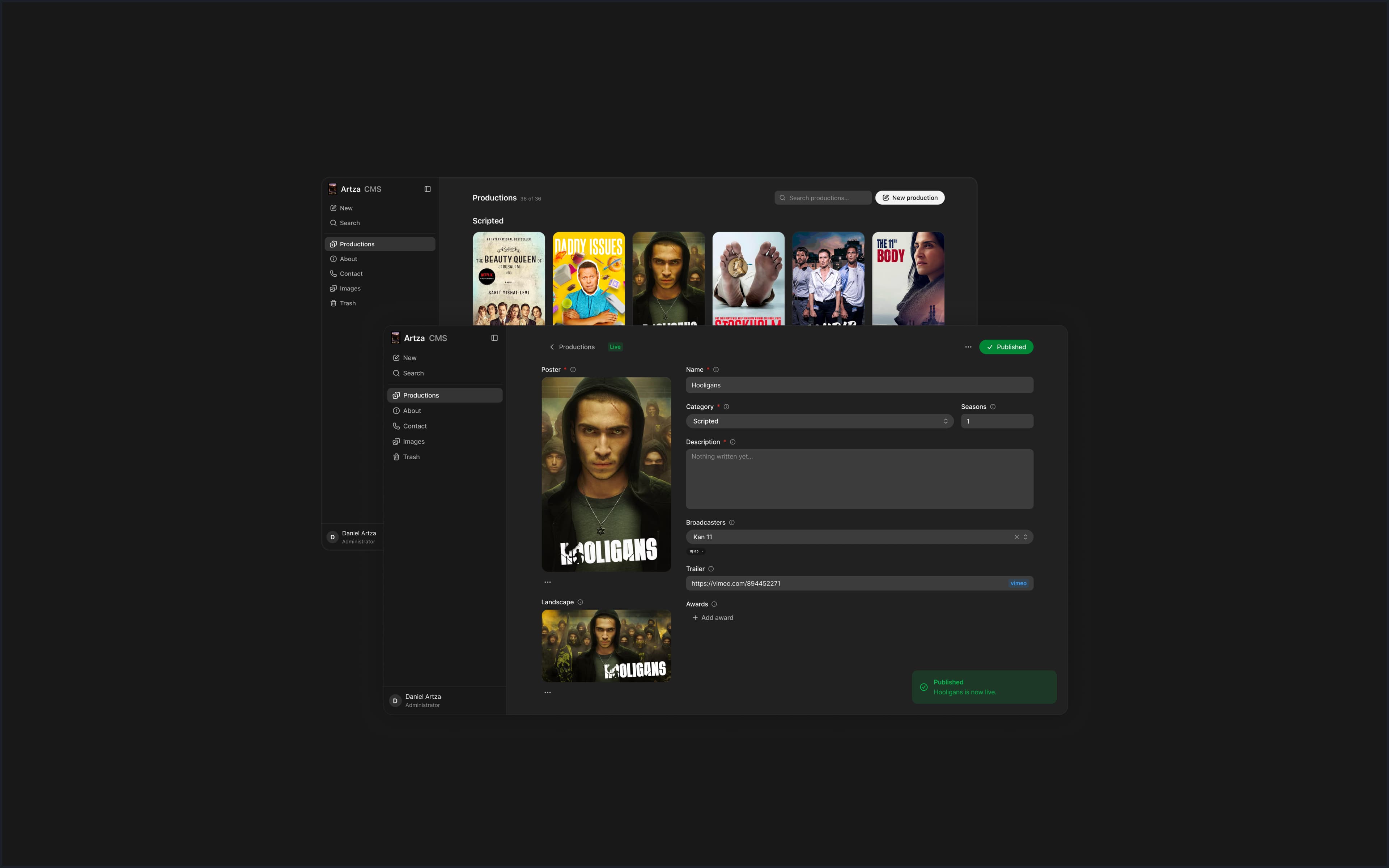 Artza CMS — the production editor, its fields, and the publish flow in a layered composition