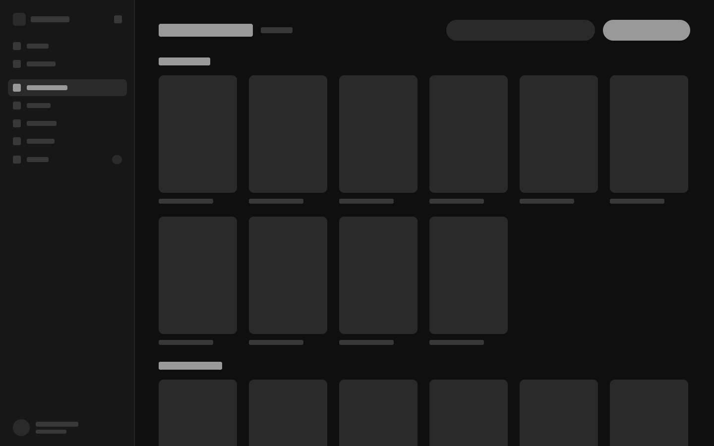 Wireframe of the productions list — sidebar navigation, a search field and primary action, and a category-grouped grid of poster slots