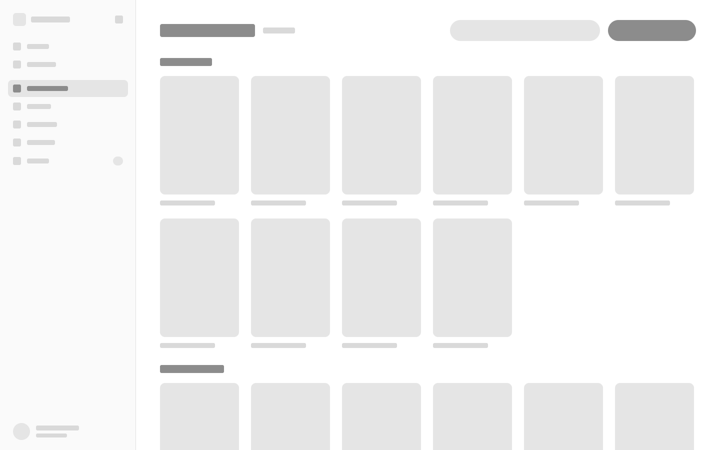 Wireframe of the productions list — sidebar navigation, a search field and primary action, and a category-grouped grid of poster slots