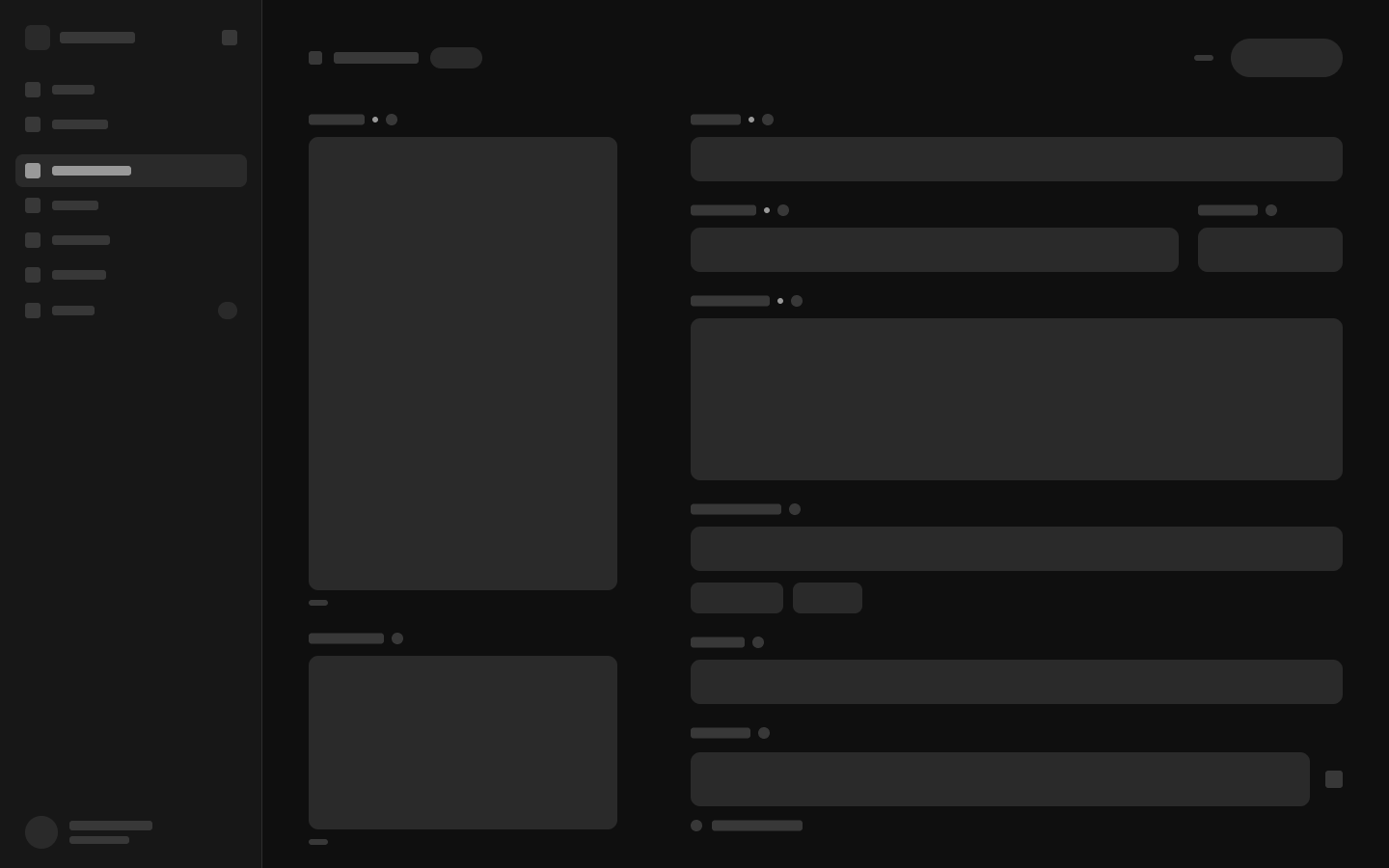 Wireframe of the production editor — a media column on the left against the field stack on the right