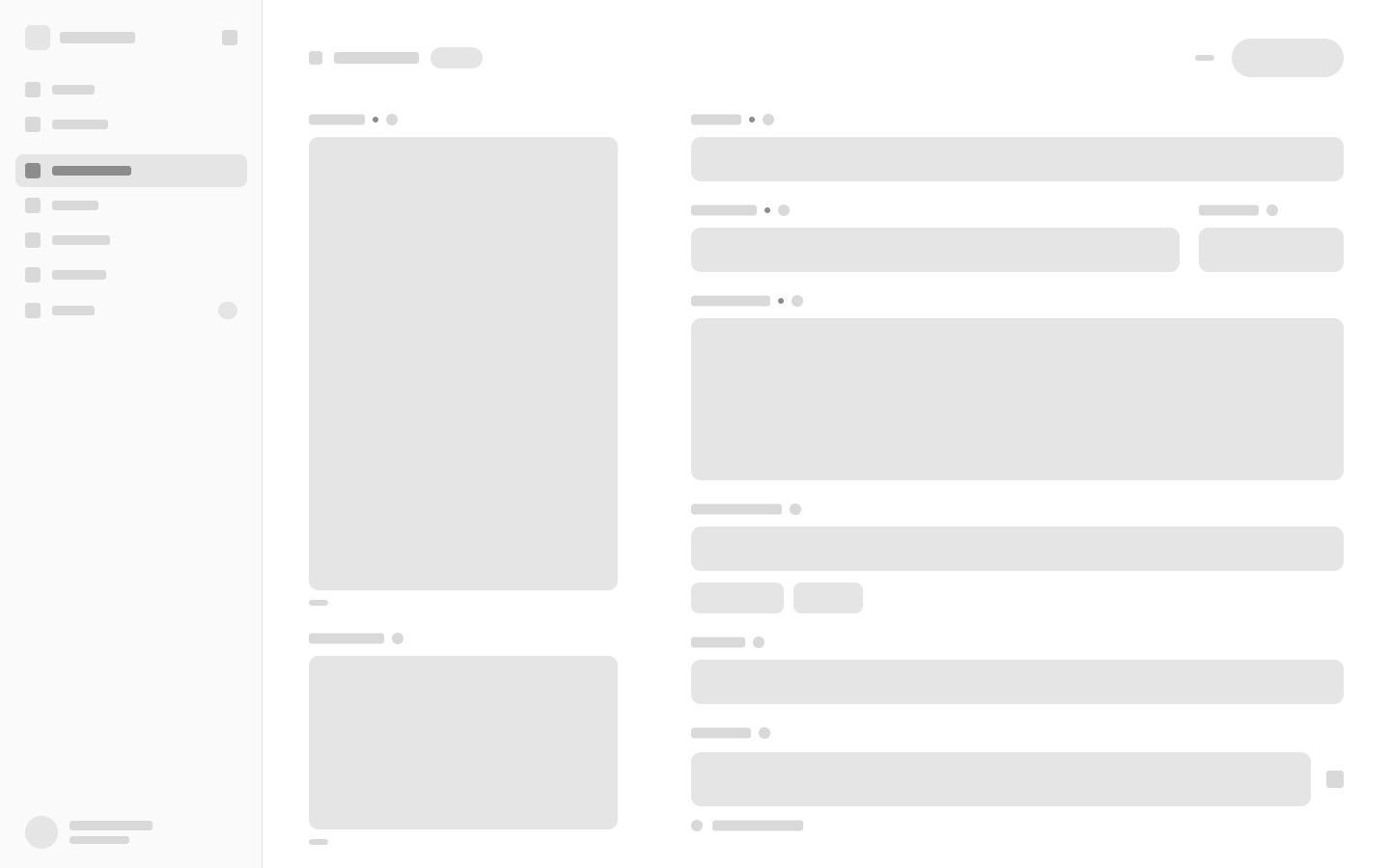 Wireframe of the production editor — a media column on the left against the field stack on the right