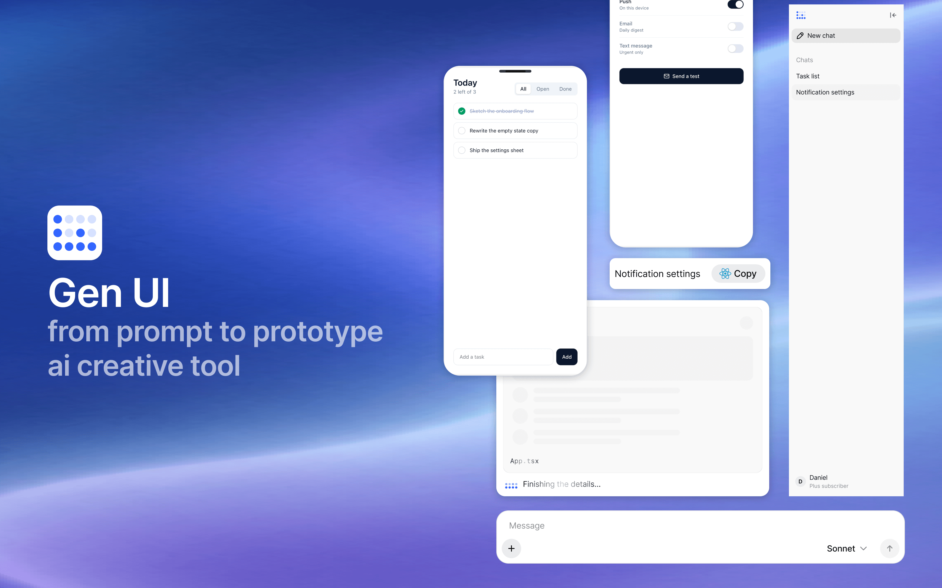 Generative UI: the Gen UI wordmark beside floating prototype screens, a task list, notification settings, and a card being generated