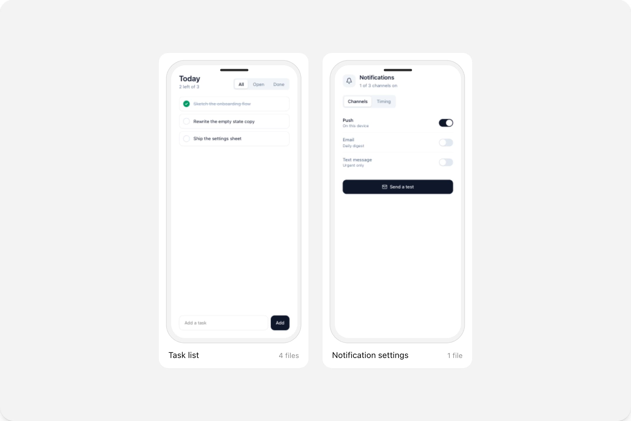 Generated prototypes sitting inline in the conversation feed, each one runnable where it sits