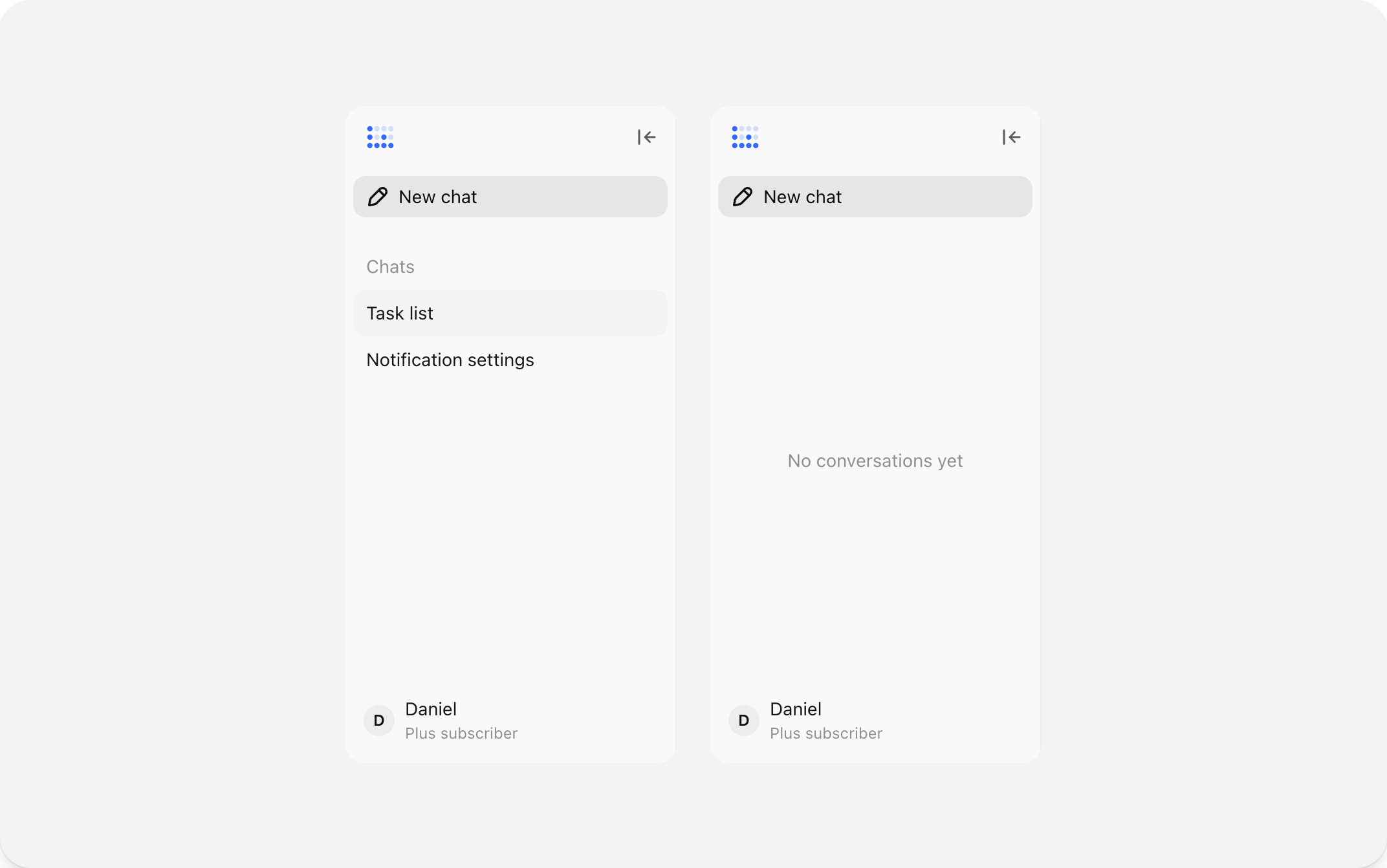 The sidebar holding thread history, and the same sidebar empty