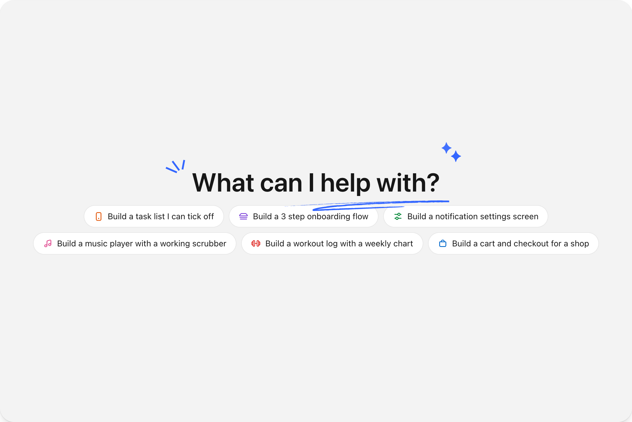 The empty thread: What can I help with, above six starting prompts such as build a task list I can tick off and build a three step onboarding flow