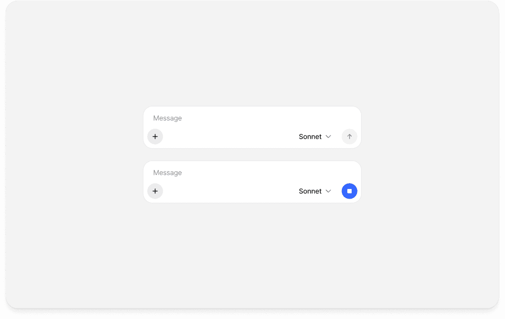 The composer in two states: the idle send control, and the stop control shown while a reply is generating