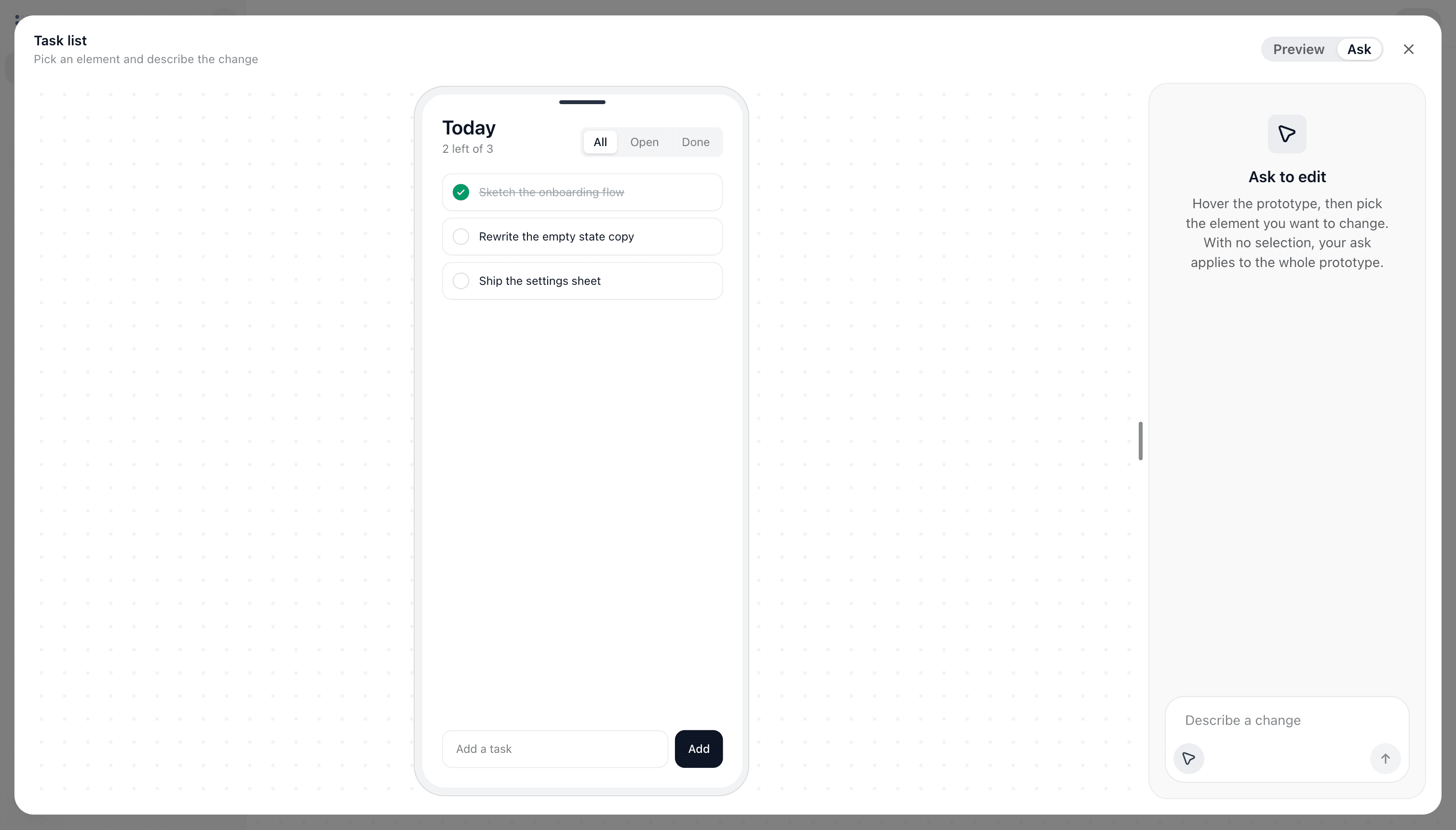 A prototype open at full size with the ask panel beside it, explaining that you hover the prototype and pick the element you want to change