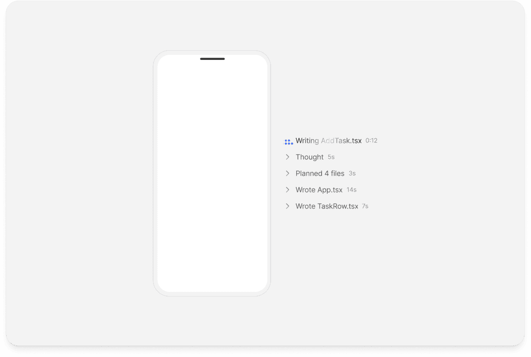 The waiting state as shipped: a phone mockup beside a running list of named steps, each with the time it took