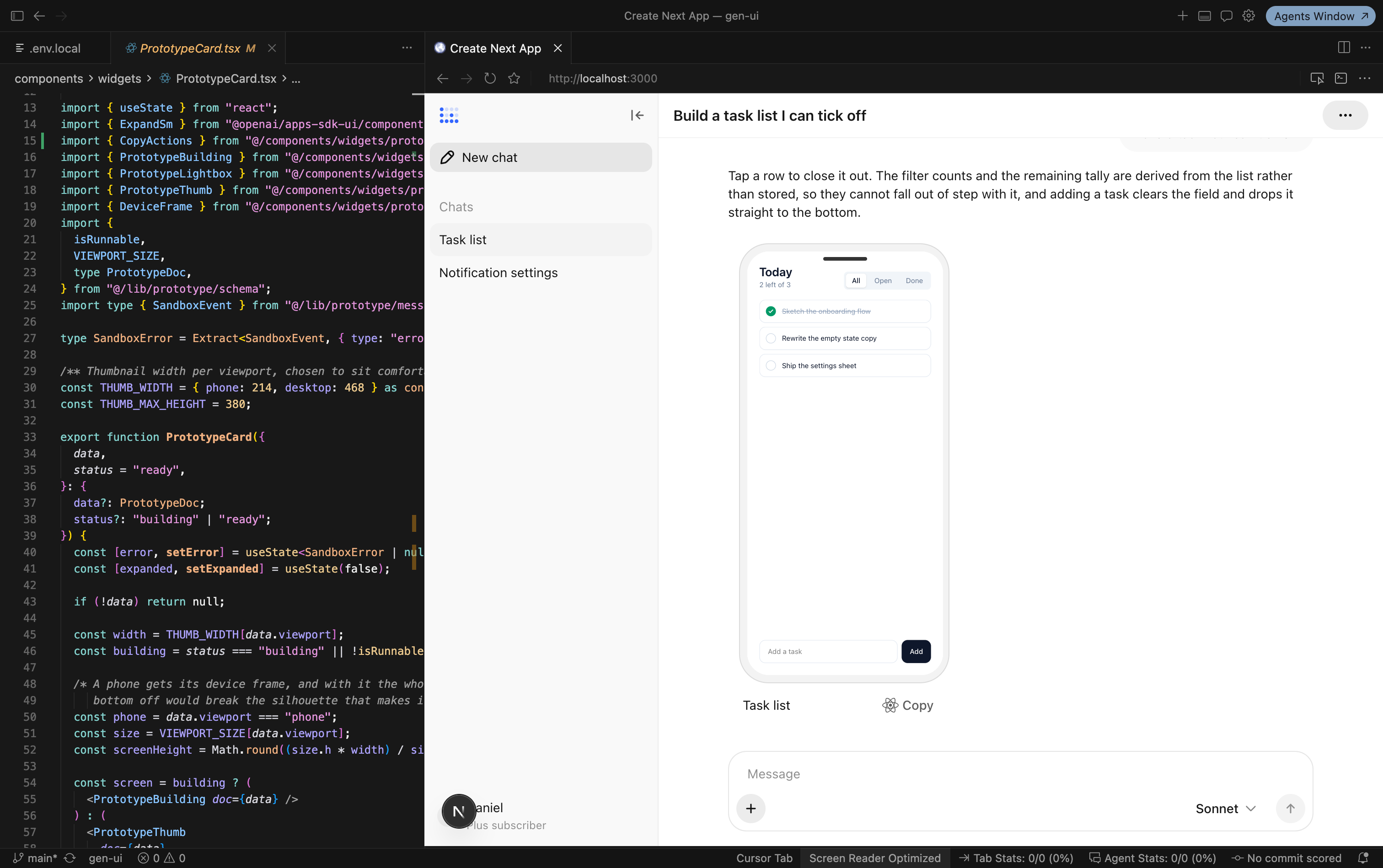 The prototype card component open in the editor beside the running app, where a generated task-list prototype sits in the thread inside a phone frame