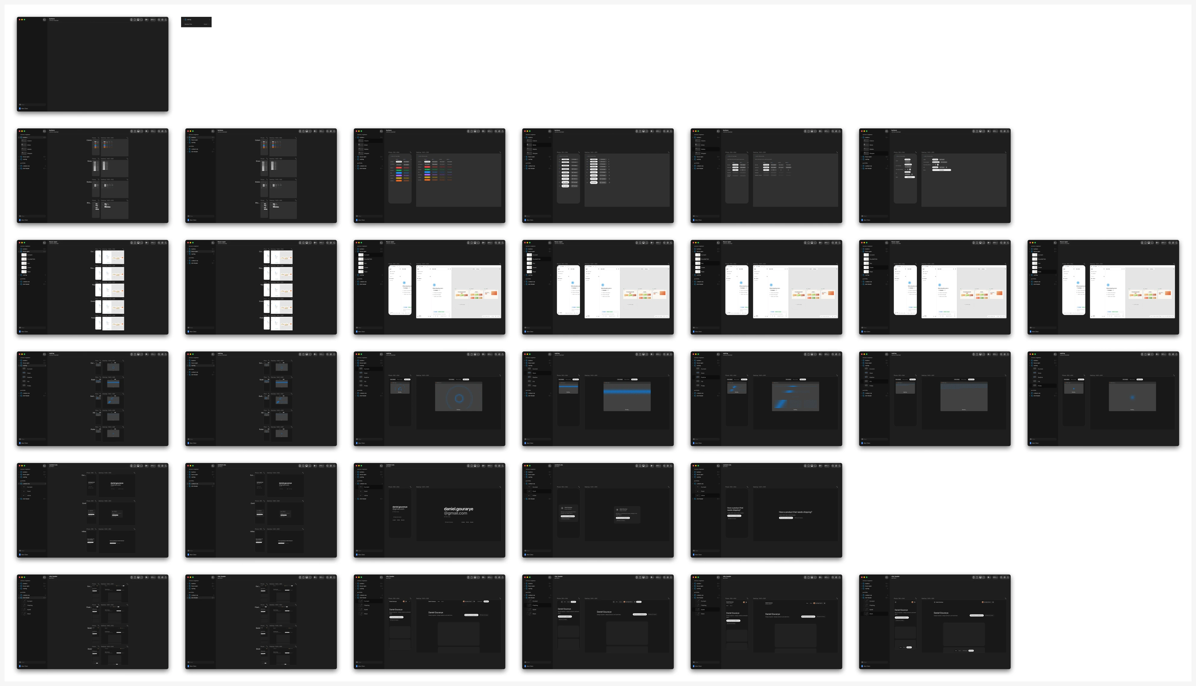 The 31 screens of the clickable Figma prototype, laid out in a grid