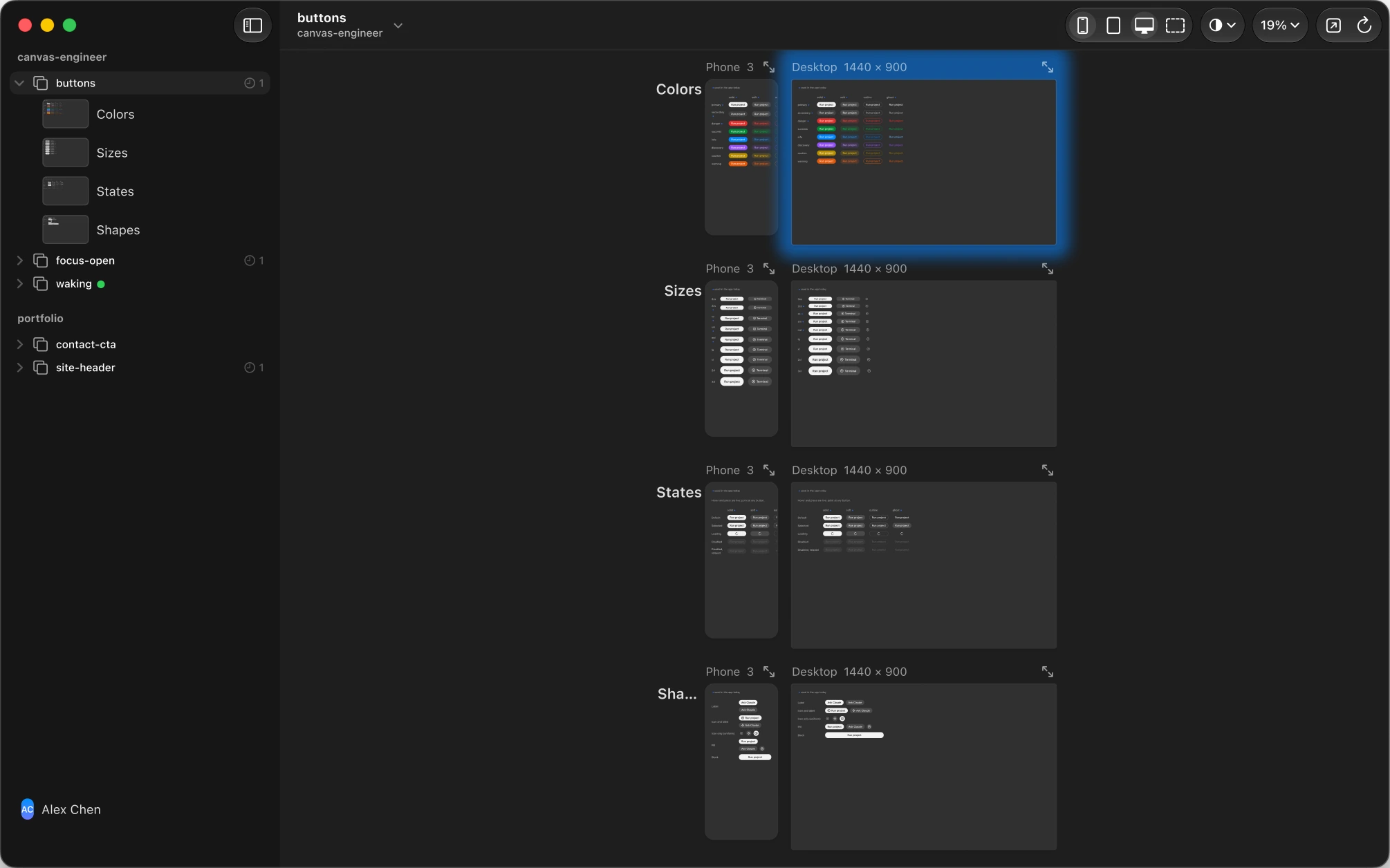 Sneak Peek 0.5.0: the buttons prototype open in the sidebar, with Colors, Sizes, States and Shapes as thumbnail rows