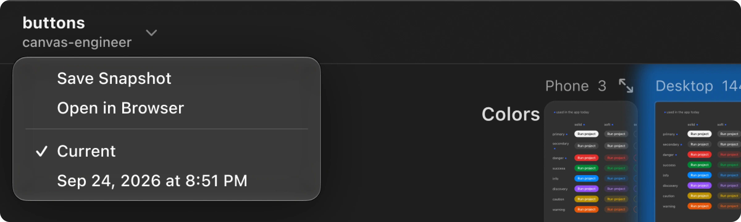The title menu in 0.5.0, open, with Save Snapshot, Open in Browser and the list of snapshots