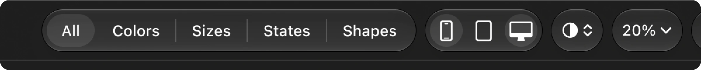 The toolbar in 0.1.0 with a segmented control: All, Colors, Sizes, States, Shapes, followed by device and zoom controls