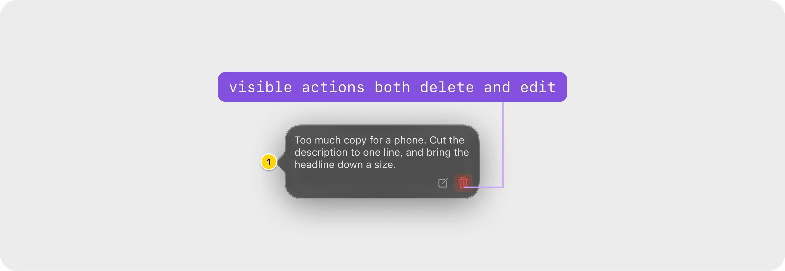Popover option two: the note text, with Edit and Delete as two small icons under it