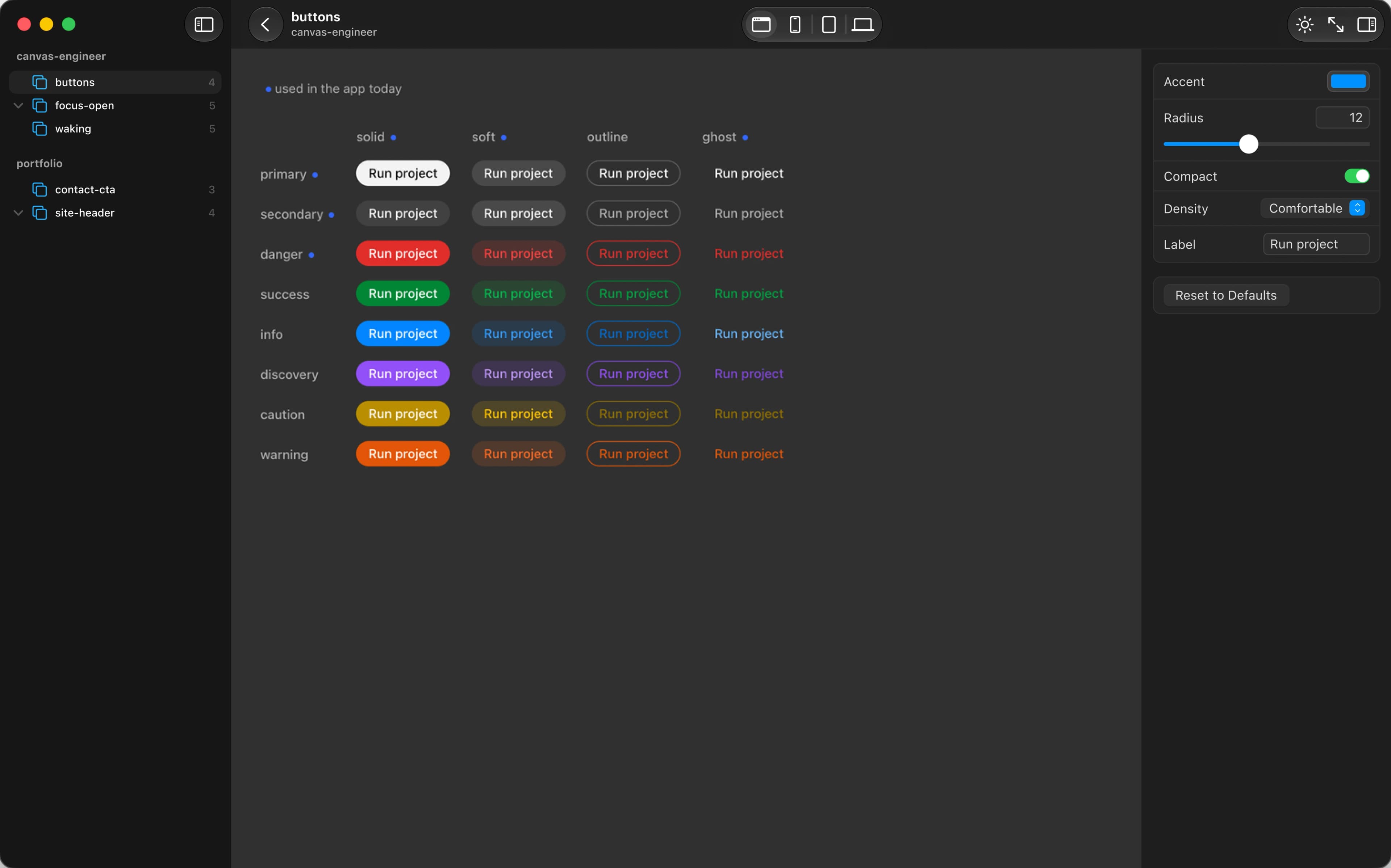 A variant of the buttons prototype fills the main window, with the controls inspector on the right