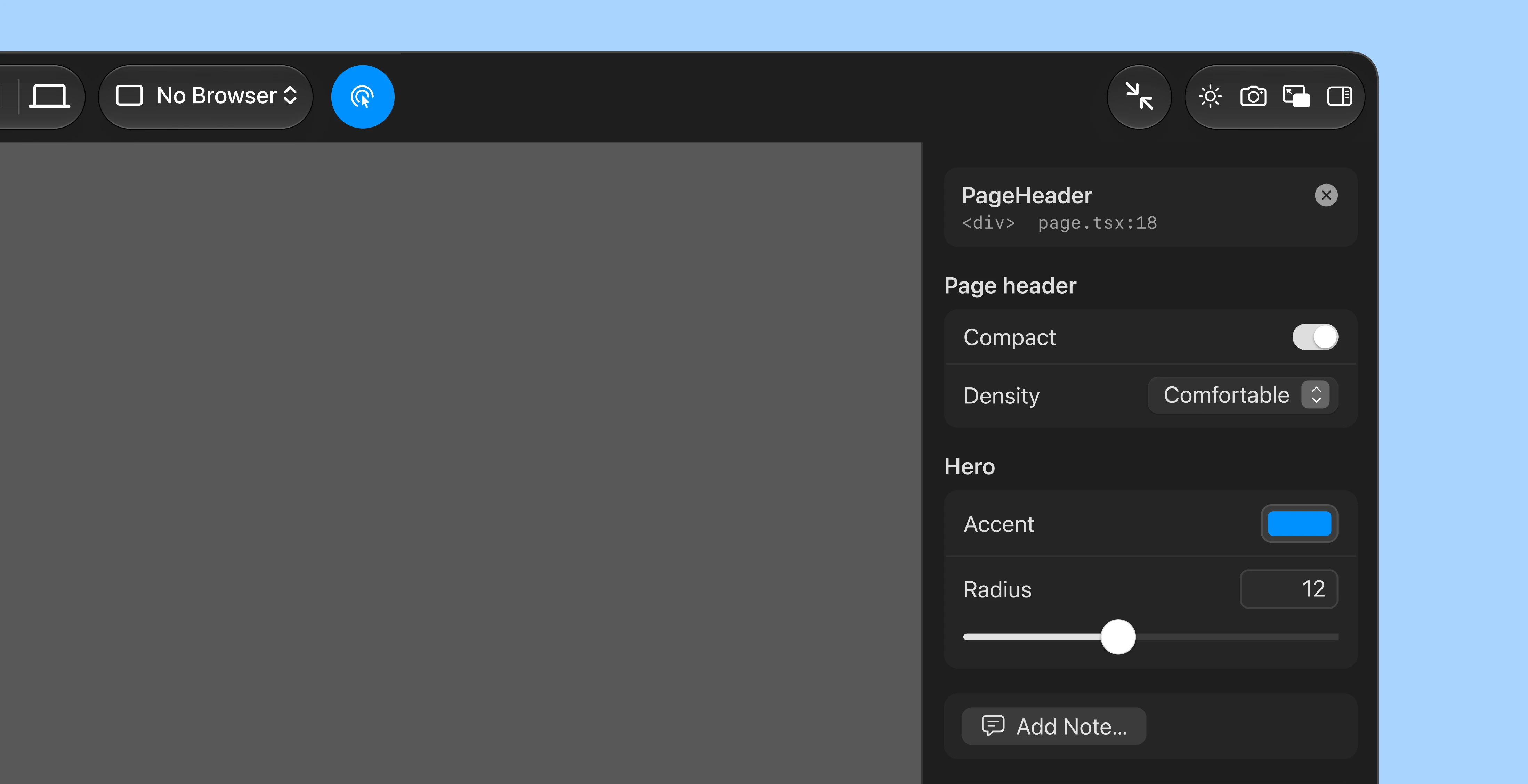 The inspector after picking an element: PageHeader, its div and page.tsx line 18, its controls, and an Add Note button