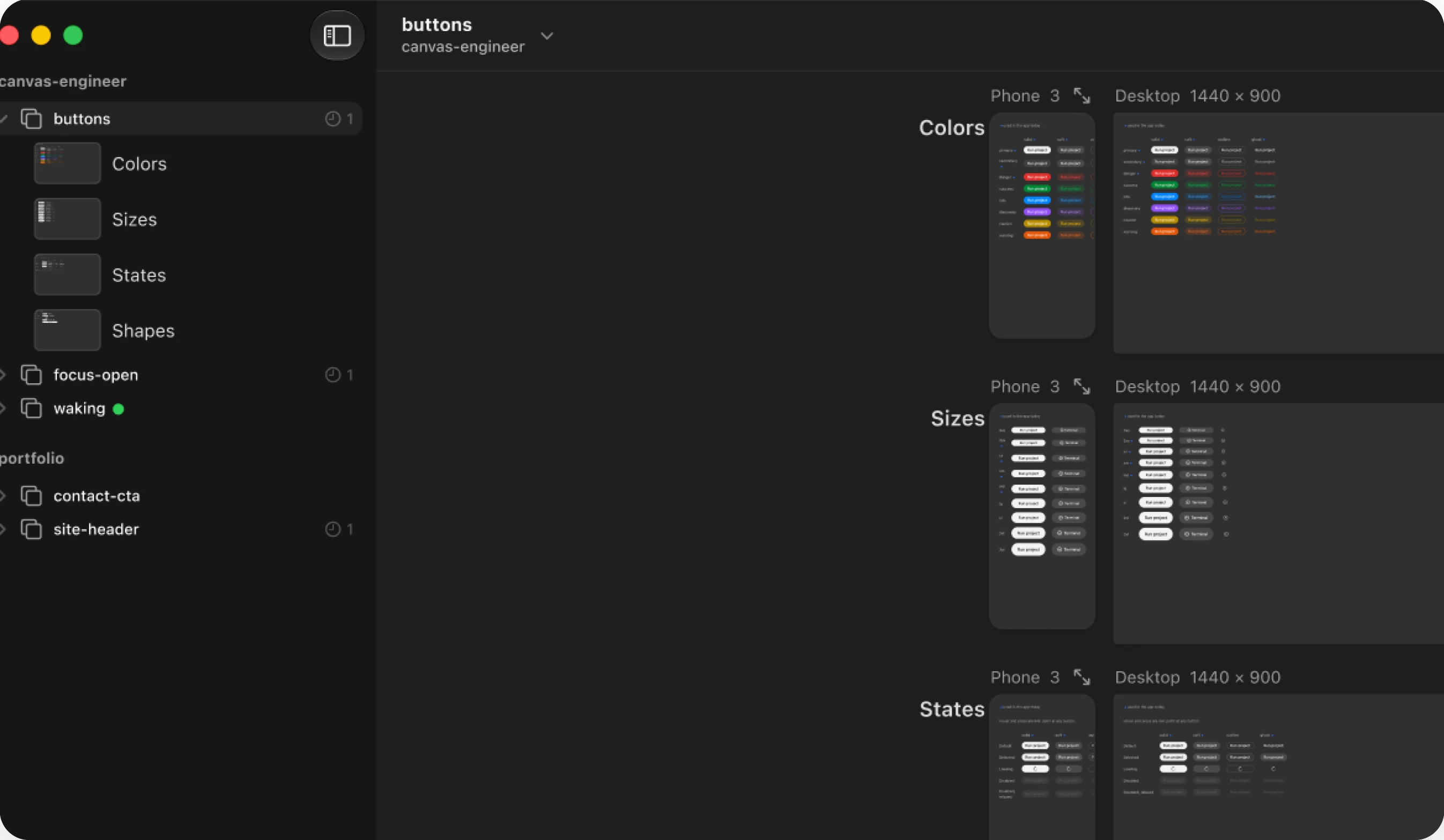 Sneak Peek 0.5: the buttons prototype is open in the sidebar, with its variants Colors, Sizes, States and Shapes as thumbnail rows in canvas order
