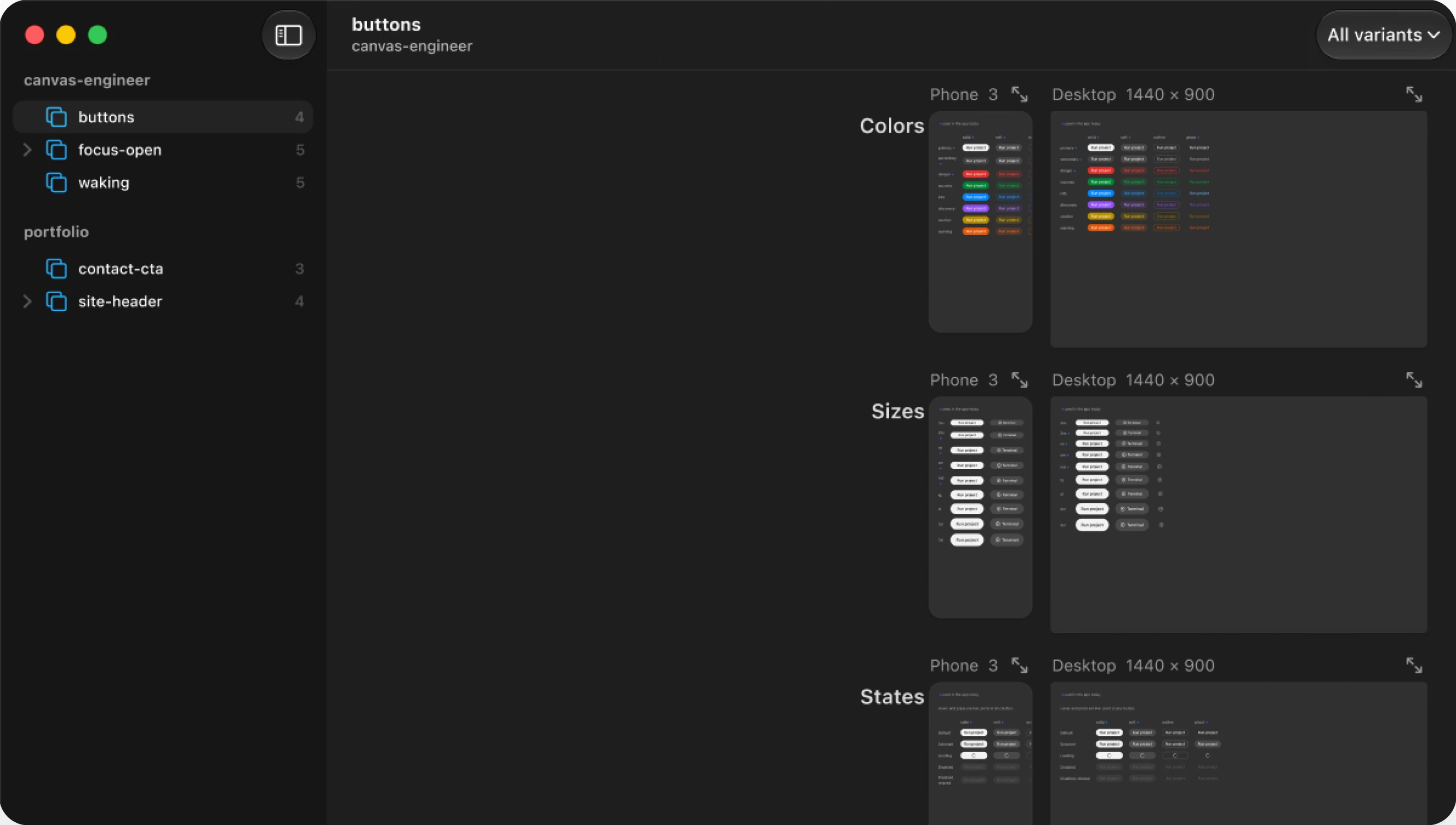 Sneak Peek 0.4: the sidebar lists prototypes with a variant count beside each, and an All variants button sits in the toolbar