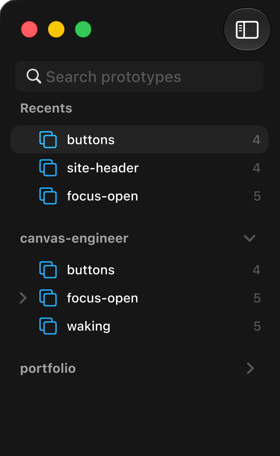 Option A: a search field and a Recents list above the projects