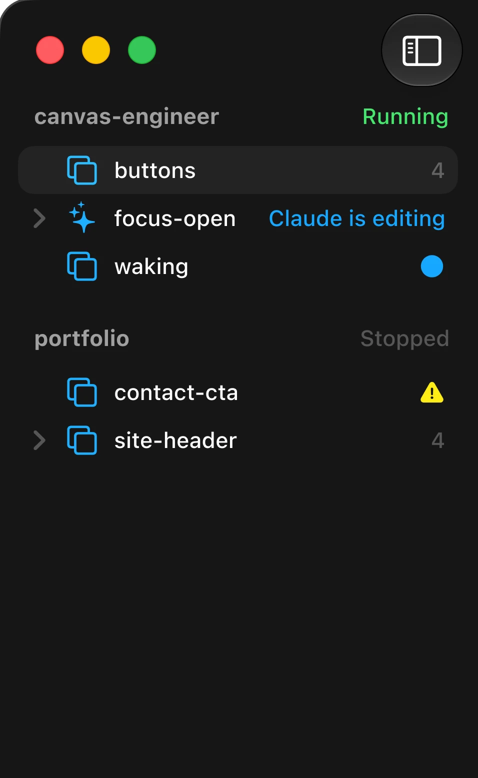 Option B: each project shows Running or Stopped, and a row says Claude is editing