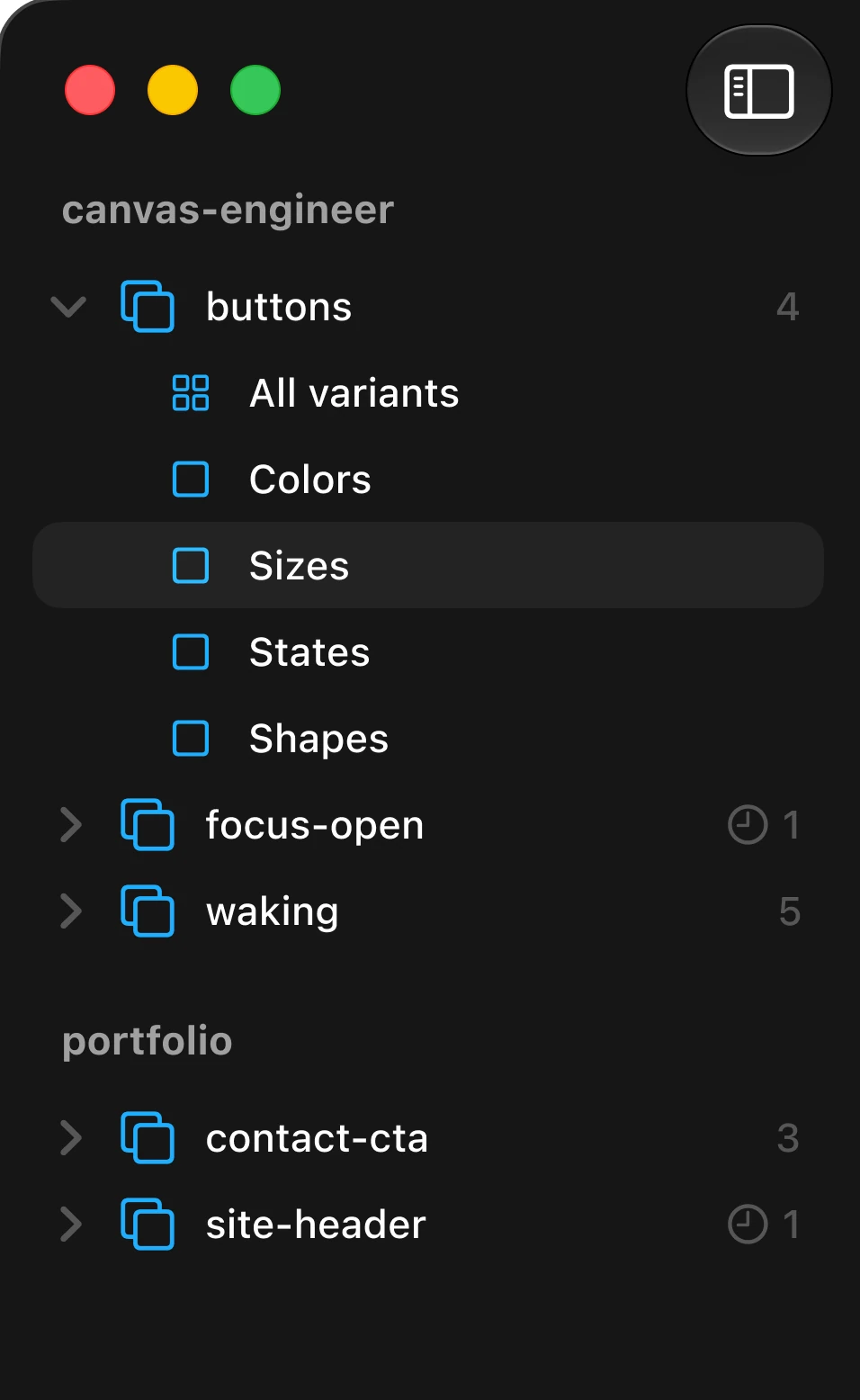 Option C: variants nest as a second level of rows under their prototype